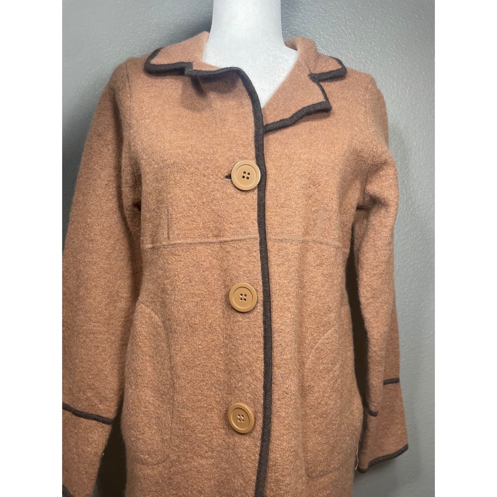 Emma James 100% Wool Longline Cardigan Sweater Brown Contrast Trim Womens Small
